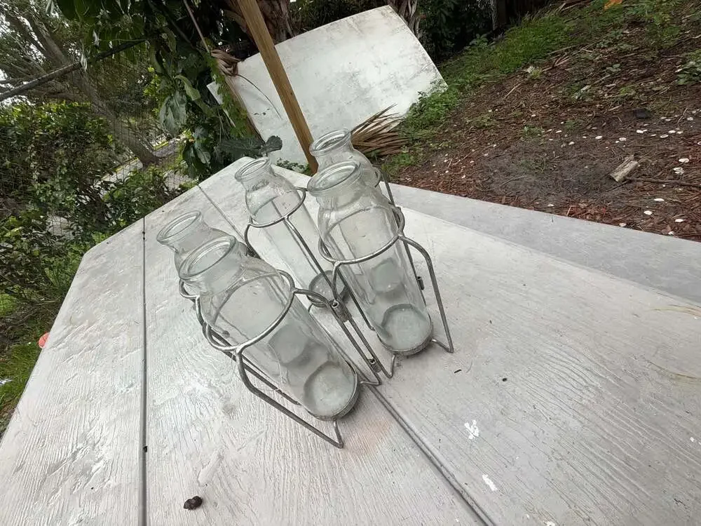 Vintage Farmhouse Style Glass Bottle Carrier with 5 Clear Glass Bottles and Meta